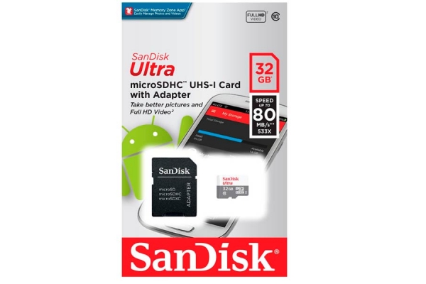 MEMORIA SD MICRO SANDISK + ADAP 32GB 80-MB/s SDHC SDSQUNS-032G-GN3MA